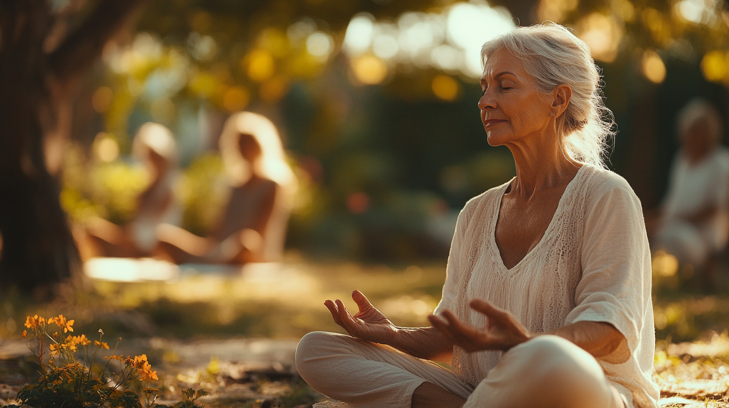 Възрастна жена практикува йога в природата